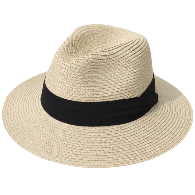 Lanzom Sombrero enrollable Panamá de paja de ala ancha para mujer Fedora Beach Sun Hat UPF50+