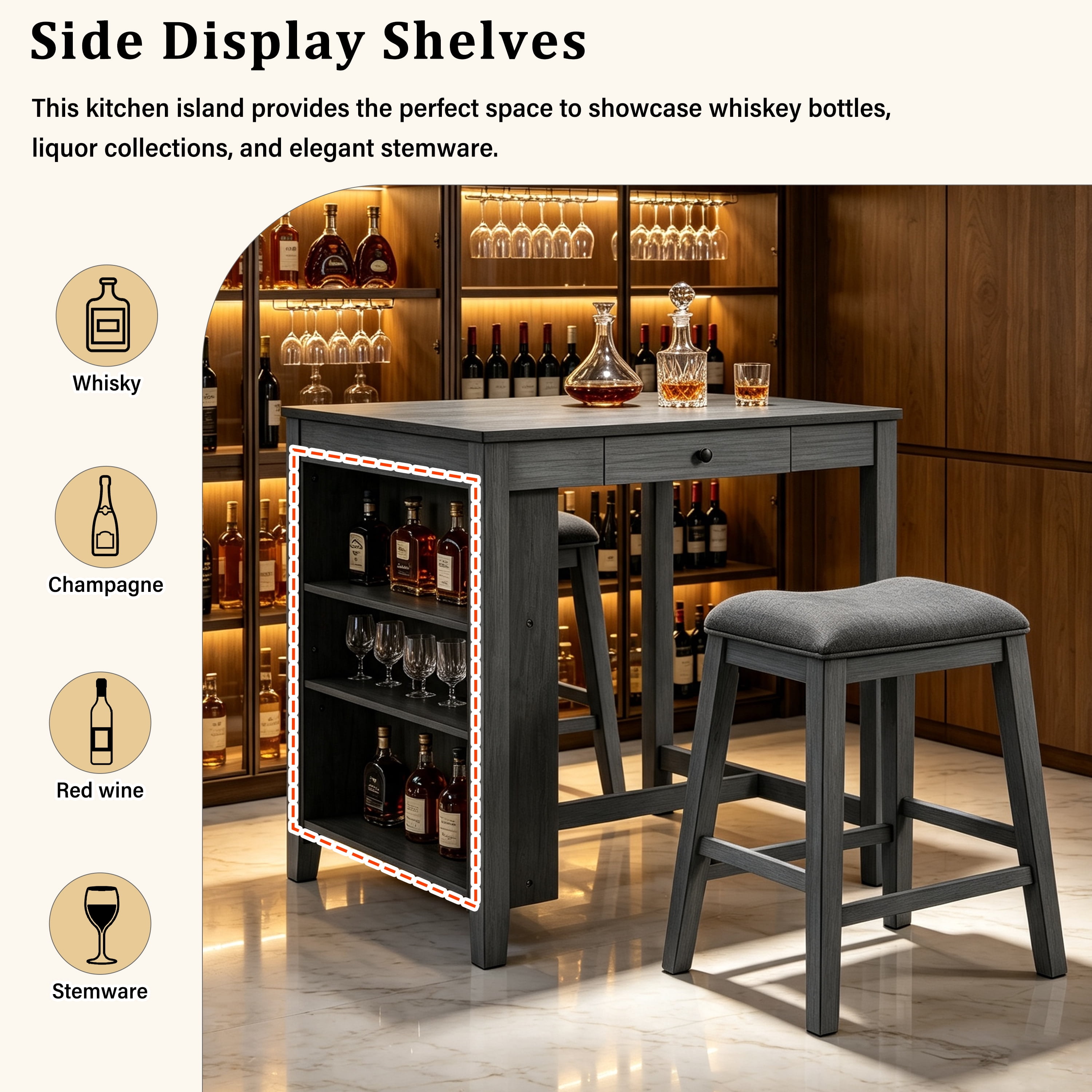 36" Height Bar Table Set with Power Outlet, Industrial coffeeTable with 2 Padded Stools, 3 Piece Bar Table and Chairs Set for Living Room, Dining Room, Brown