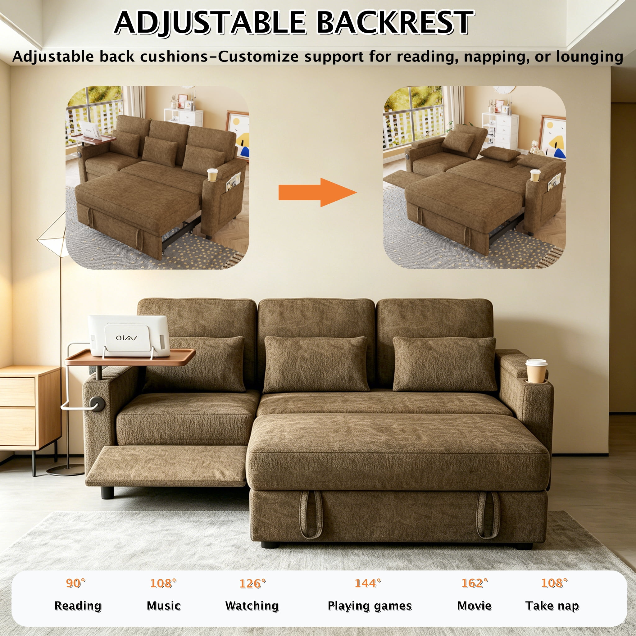 ShiKeyi 83" 3-in-1 Convertible Sofa Bed, Chenille 3 Seater Couch with Sleeper Sofa Function, Adjustable Backrest, USB Ports & Storage Armrests, Khaki