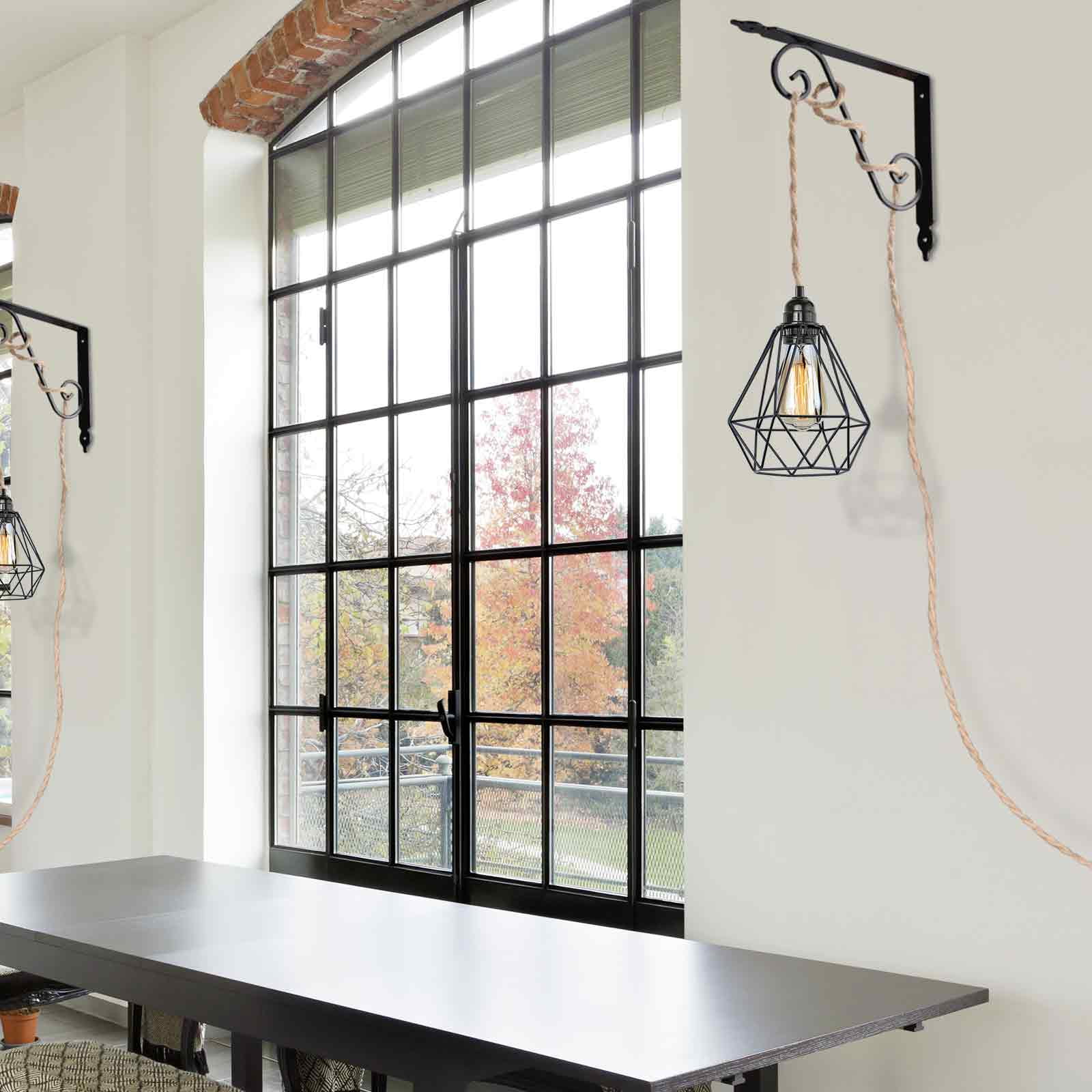 14.9ft Hanging Pendant Light Kit Farmhouse Hemp Rope Light Cord Metal Cage Lampshade Lighting Fixture with Switch Plug in for Bedroom Living Room Kitchen DIY Decor UL Listed E26
