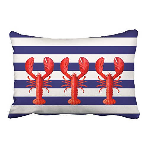 RYLABLUE Housses d'Oreiller Coussins Rectangl Rétro Bleu et Blanc Rayures Nautiques et Homards Rouges Taies d'Oreiller Polyester 20 x 30 Pouces avec Fermeture à Glissière Cachée
