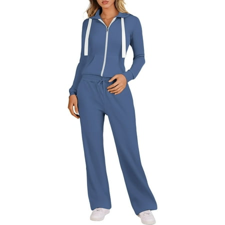 MDUKONU Women s 2-Piece Tracksuit - Zip Up Hoodie & Wide Leg Pants Blue M