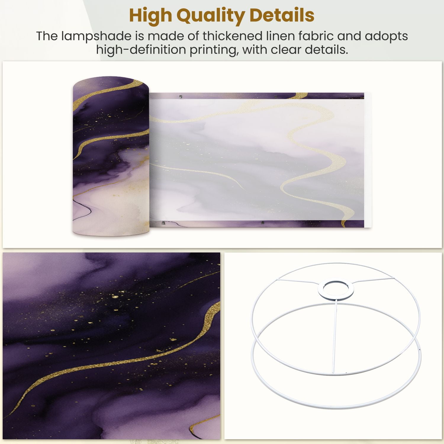 Linen Drum Lampshades Purple marble gold stripes alcohol ink Luxury violet black watercolor 13"x13"x10" Light Shade for Table Lamps Floor Lamp Shades Lampshade Replacement Assembly Required