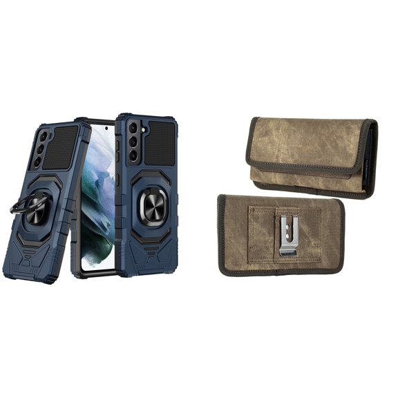 Case with Belt Holster Bundle for Samsung Galaxy S22  Plus: Heavy Duty Shield Cover (Blue) and Rugged Denim Nylon Phone Pouch (Tan Brown)
