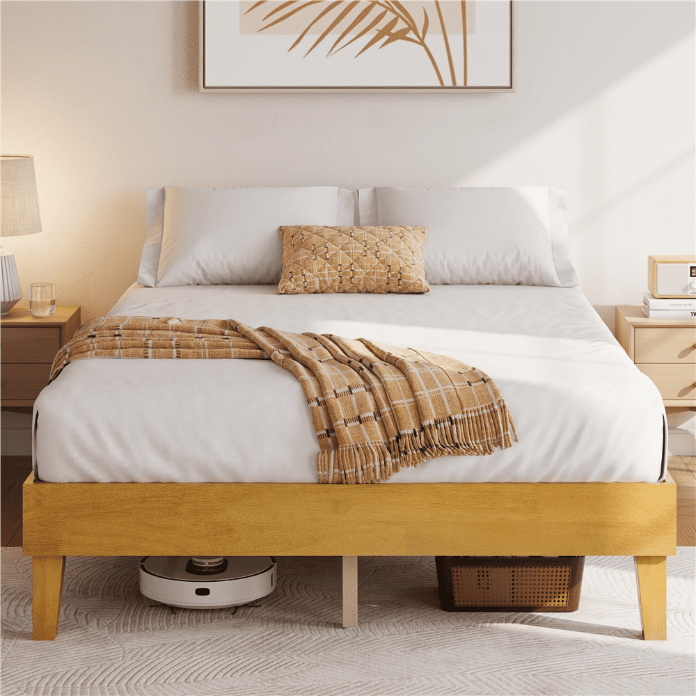 Renwick Queen Size Wooden Platform Bed Frame with Sturdy Slat Support for Adults, Natural Wood