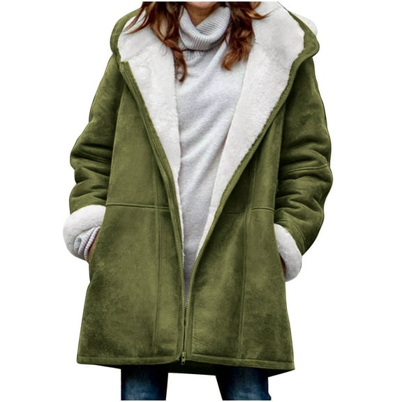 Lcziwo Fleece Lined Coats for Women Long Sleeve Horn Buckle Hoodies Coats Thickening Zip Up Long Sweatshirts Fall Winter Fashion 2025 Jackets with Pockets Army Green,L