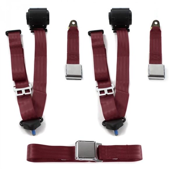 Airplane 3 Point Burgundy Retractable Bench Seat Belt Kit for AMC Hornet 1970-1977 - 3 Belts