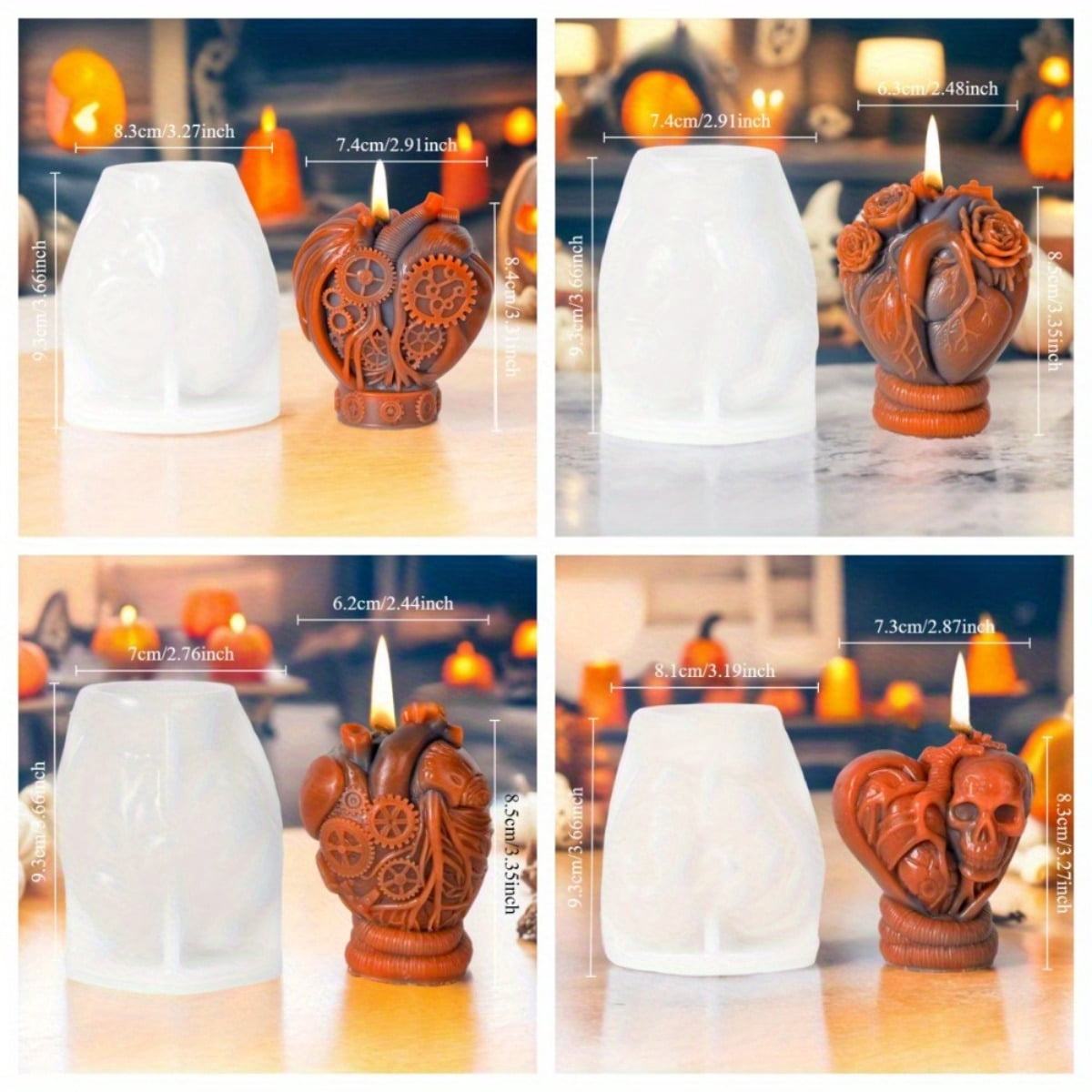 4 Pieces of Halloween Mechanical Heart Scented Candles, A Strange Skull Heart Silicone Mold - Used for Creating Mechanical Heart Design Molds for Halloween Decorations