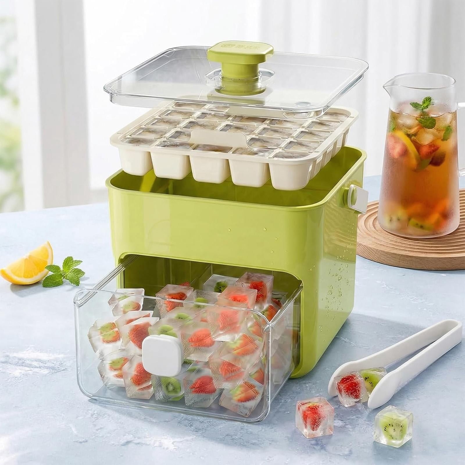 48 Ice Cube Maker with Easy Pres Double-Layer Ice Maker Set with Storage Container Press-Release Lid Silicone Ice Trays Portable Ice Storage System for Home Use 48 Cube Double-Deck Portable