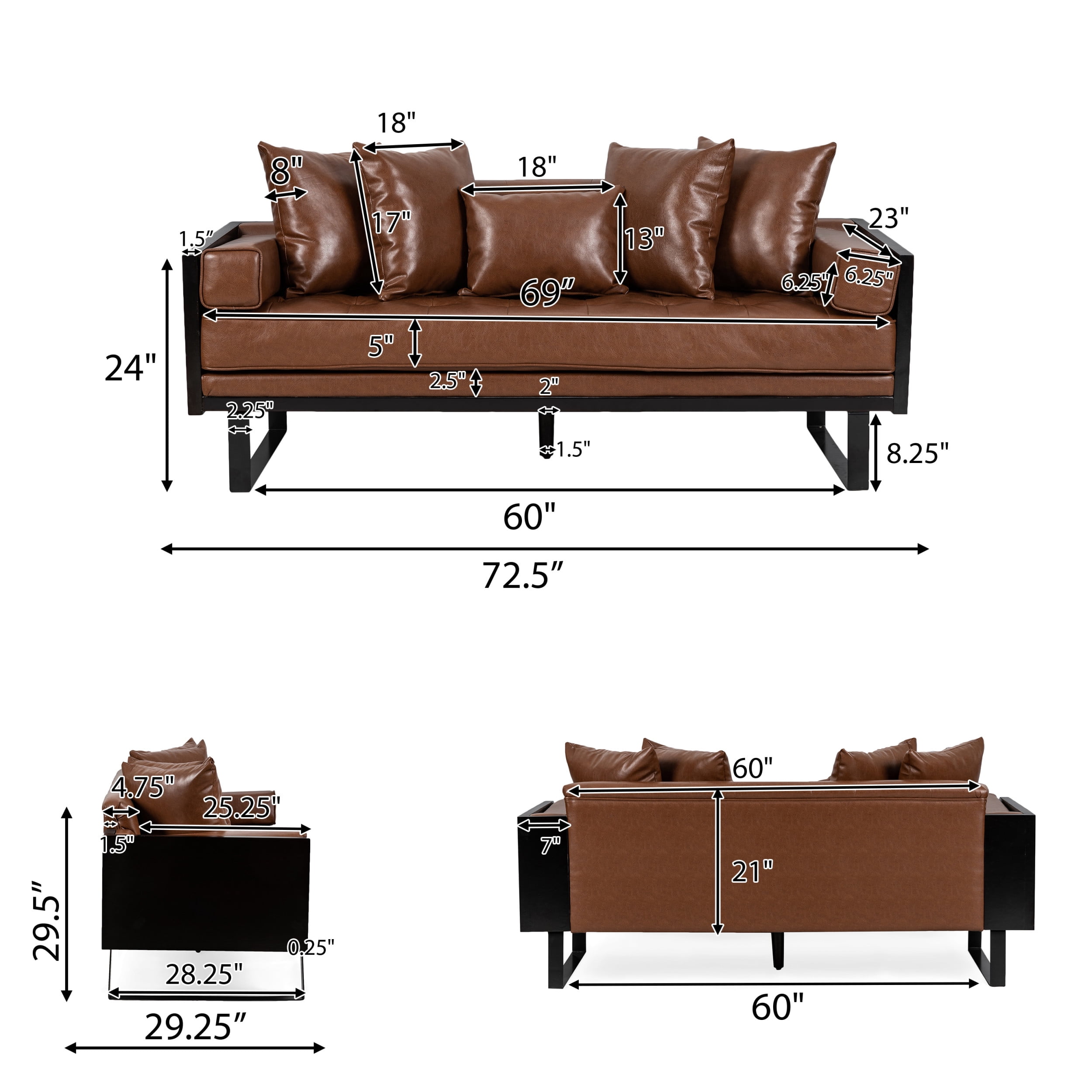Noble House Gould Faux Leather Upholstered Oversized Loveseat with Accent Pillows, Cognac Brown and Black