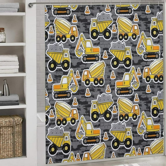 Construction Truck Shower Curtain for Kids Boys Vehicle Car Excavator Cartoon Yellow Child Machinery Toy Printed Waterproof Bath Curtain with Hooks 36"W x 72"L (Pack of 1)