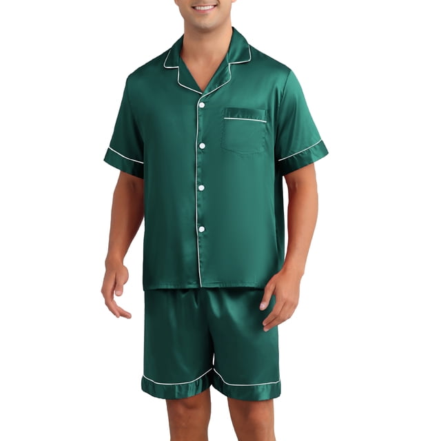 INSPIRAR CHIC Pijama de Satén para Hombre, Conjunto de Pijamas de Verano de 2 Piezas, Camiseta de Manga Corta y Pantalones Cortos, Color Verde