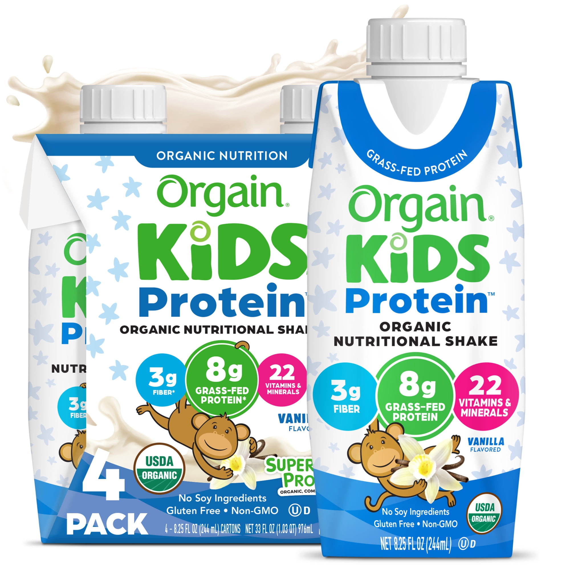 Orgain Organic Kids Nutritional Dairy Protein Shakes, Vanilla, 8.25 Fl Oz, Pack of 4