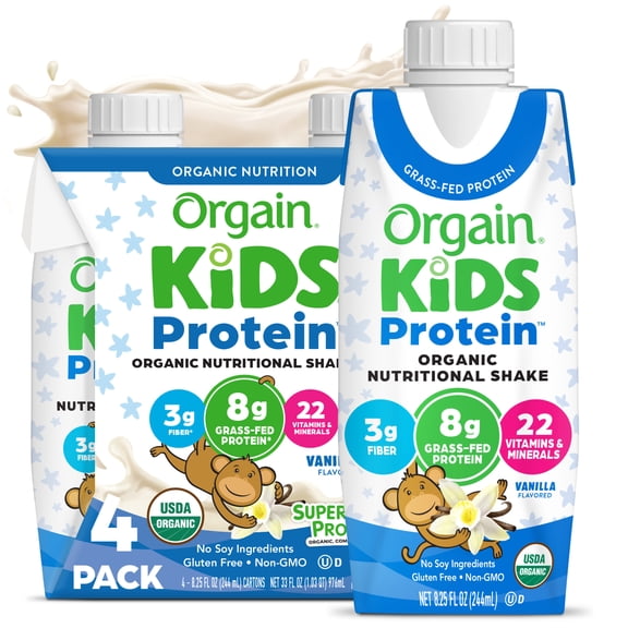 Orgain Organic Kids Nutritional Dairy Protein Shakes, Vanilla, 8.25 Fl Oz, Pack of 4