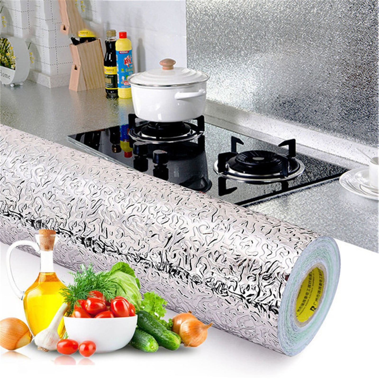 Aluminum Foil Wallpaper DIY Kitchen Self Adhesive Oil-proof Sticker Waterproof 