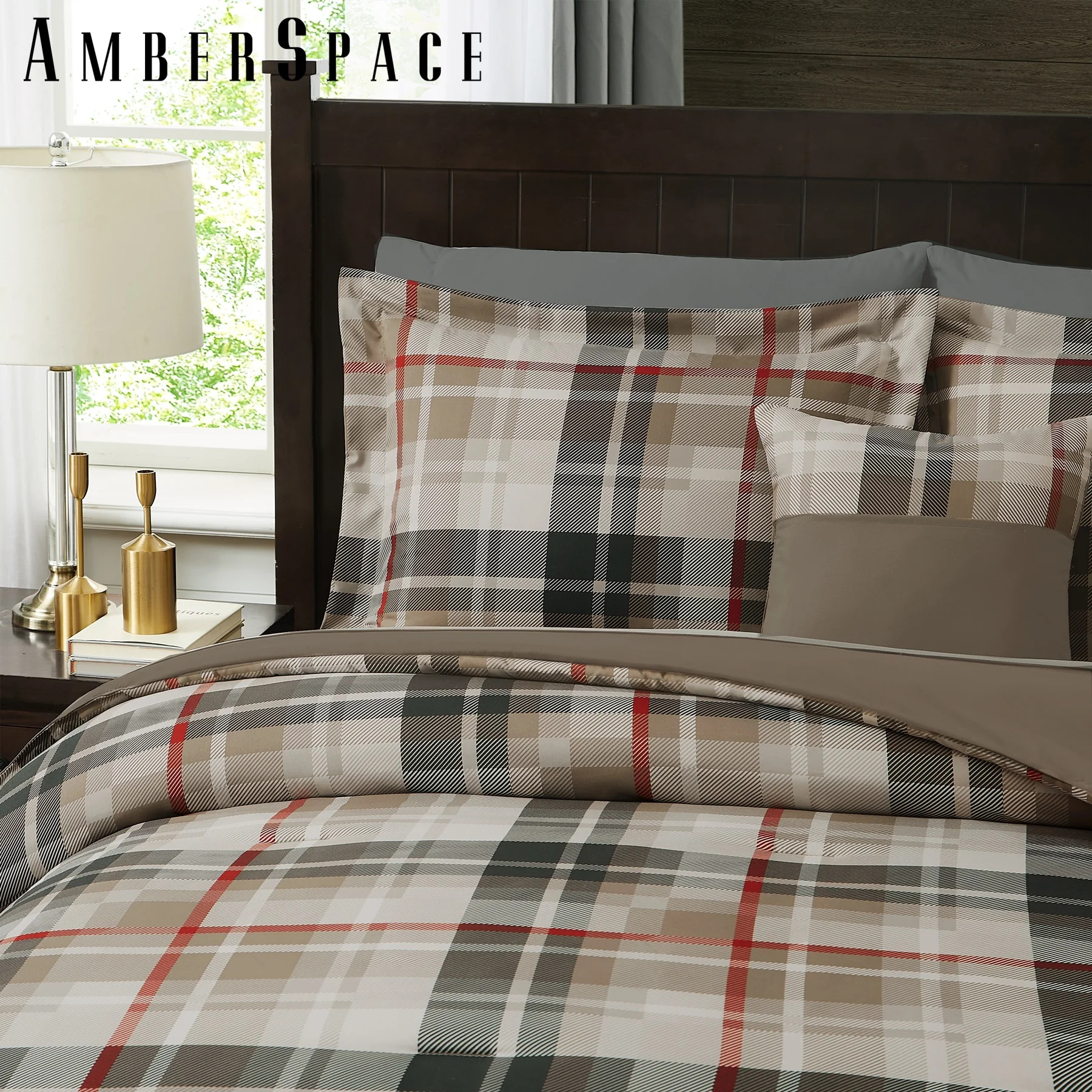 Amberspace Plaid Design 7-piece Bed in a Bag Comforter Set with Sheets,Khaki,Full