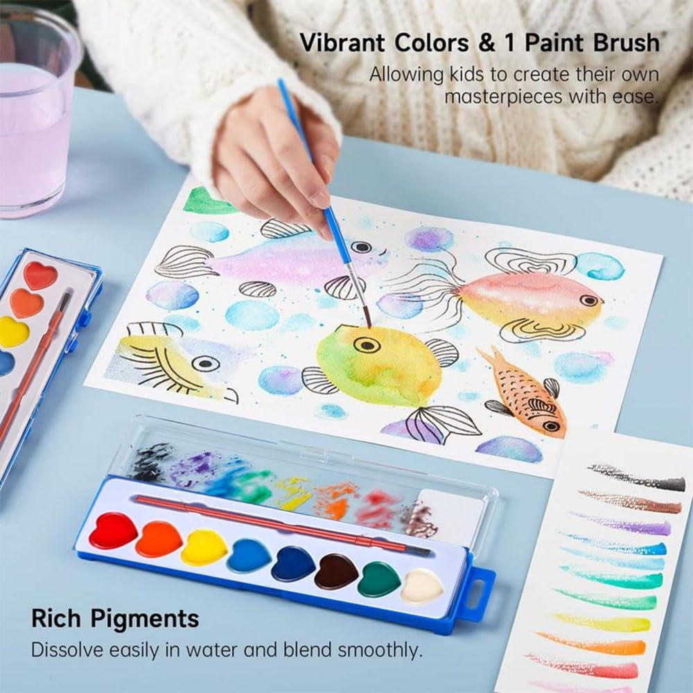 Heart Shaped Watercolor Paint Set, Valentines Watercolor Paint Sets for Kids, Valentines Day Painting Kit with 8 Washable Colors and Paintbrush, Arts and Craft Supply for Parties, Schools