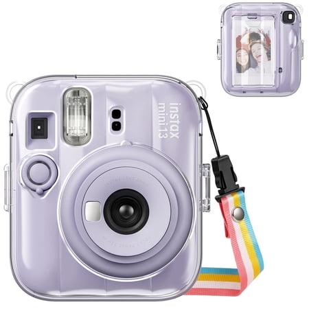 FINTIE Protective Clear Case for Fujifilm Instax Mini 13 Instant Camera - Crystal Hard Shell Cover with Upgraded Film Pocket for Storing Photos & Removable Shoulder Strap, Clear