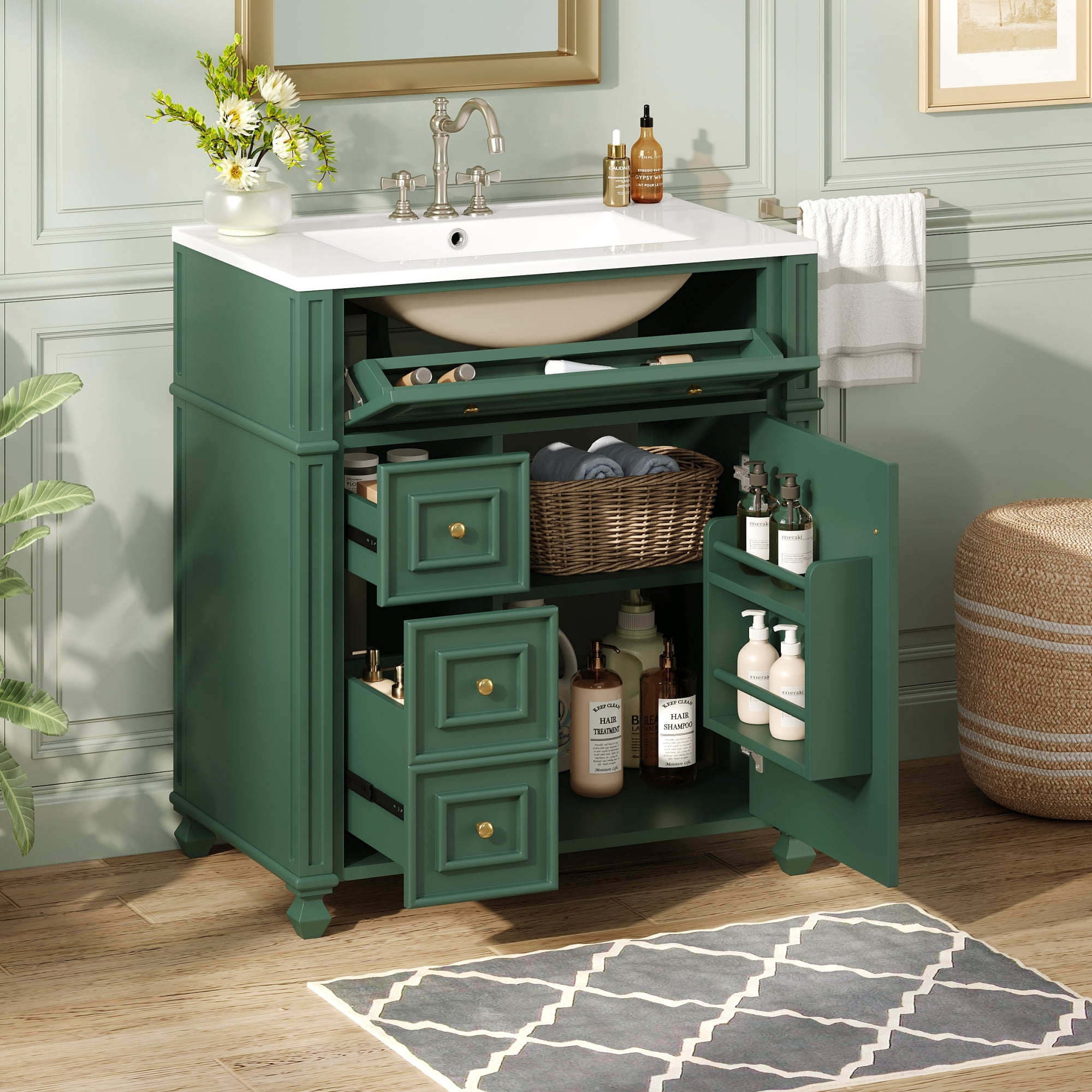 Euroco Bathroom Vanity Cabinet with Ceramic Sink Basin, 30 Inch, Storage Cabinet with Soft Close Doors and Door Organizer