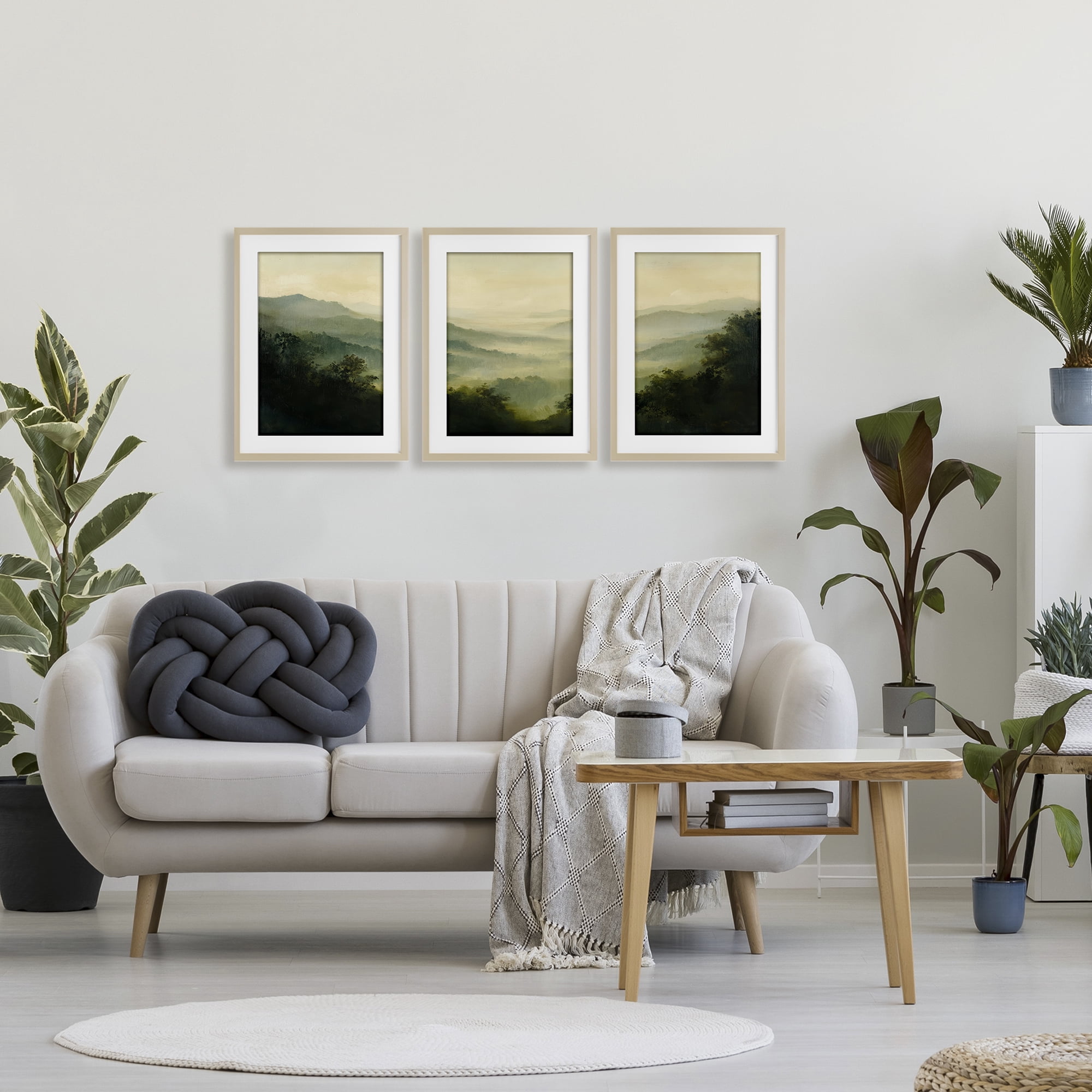 Stupell Industries Through The Haze Mountain Panorama 3 Piece Birch Framed Print Under Glass Set, design by Petal Prints Design