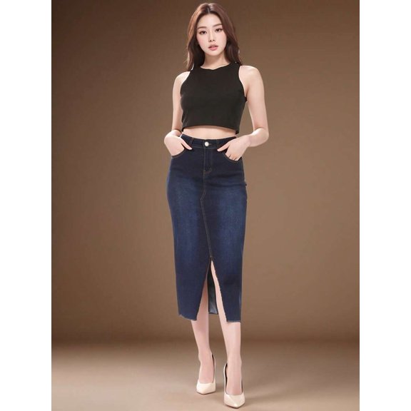 Womens Dark Indigo Stretch Denim Pencil Skirt With Front Slit