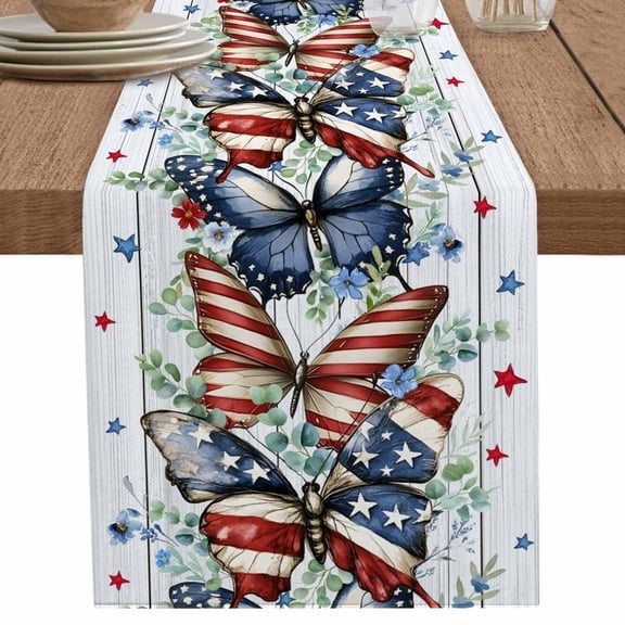 nqOlkjepod Navy Blue Butterfly 4th of July Table Runner 72 Inches Long Farmhouse Dress Scarves, Independence Day Stars Wooden Dining Tablerunner for Coffee Table/Kitchen Island/Party Décor, 13"x72"