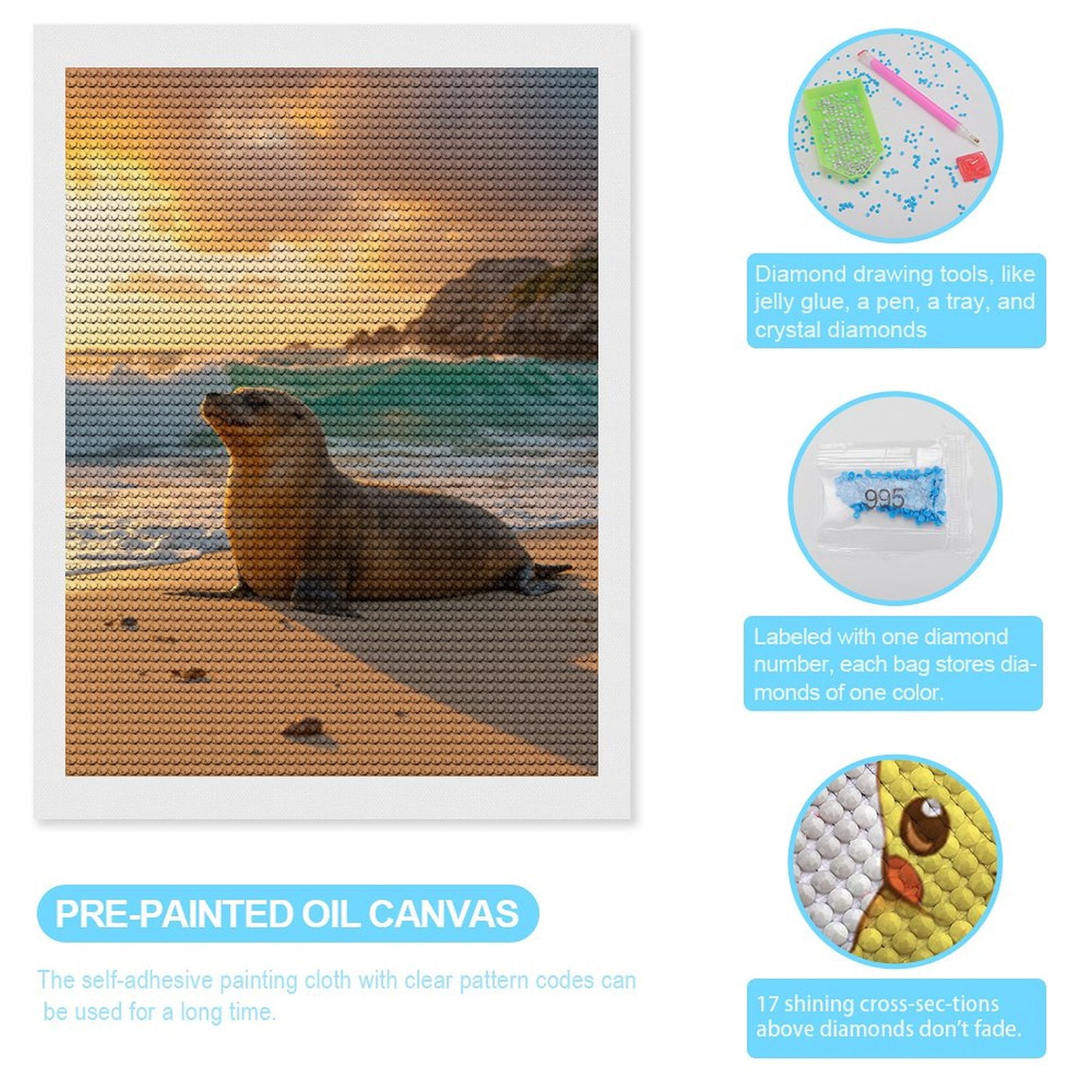 Diamond Art Kits for Adults - Seal Sunset Beach Waves Sand 5d Diamond Painting for Adults, Diamond Art for Adults Beginners, Frameless Diamond Painting Kits for Adults for Home Wall Decor