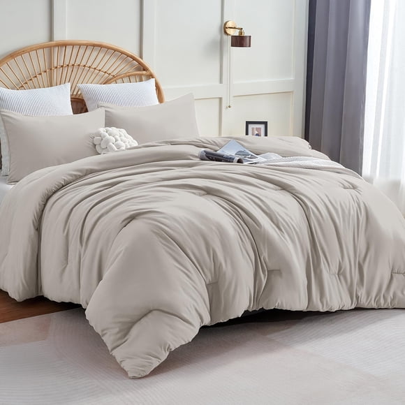 CozyLux Beige Comforter Set King Size, 3 Pieces Boho Solid Breathable Quilted Style Bedding Sets, Luxury Fluffy Soft Microfiber Comforter for All Season(1 Comforter & 2 Pillowcases)