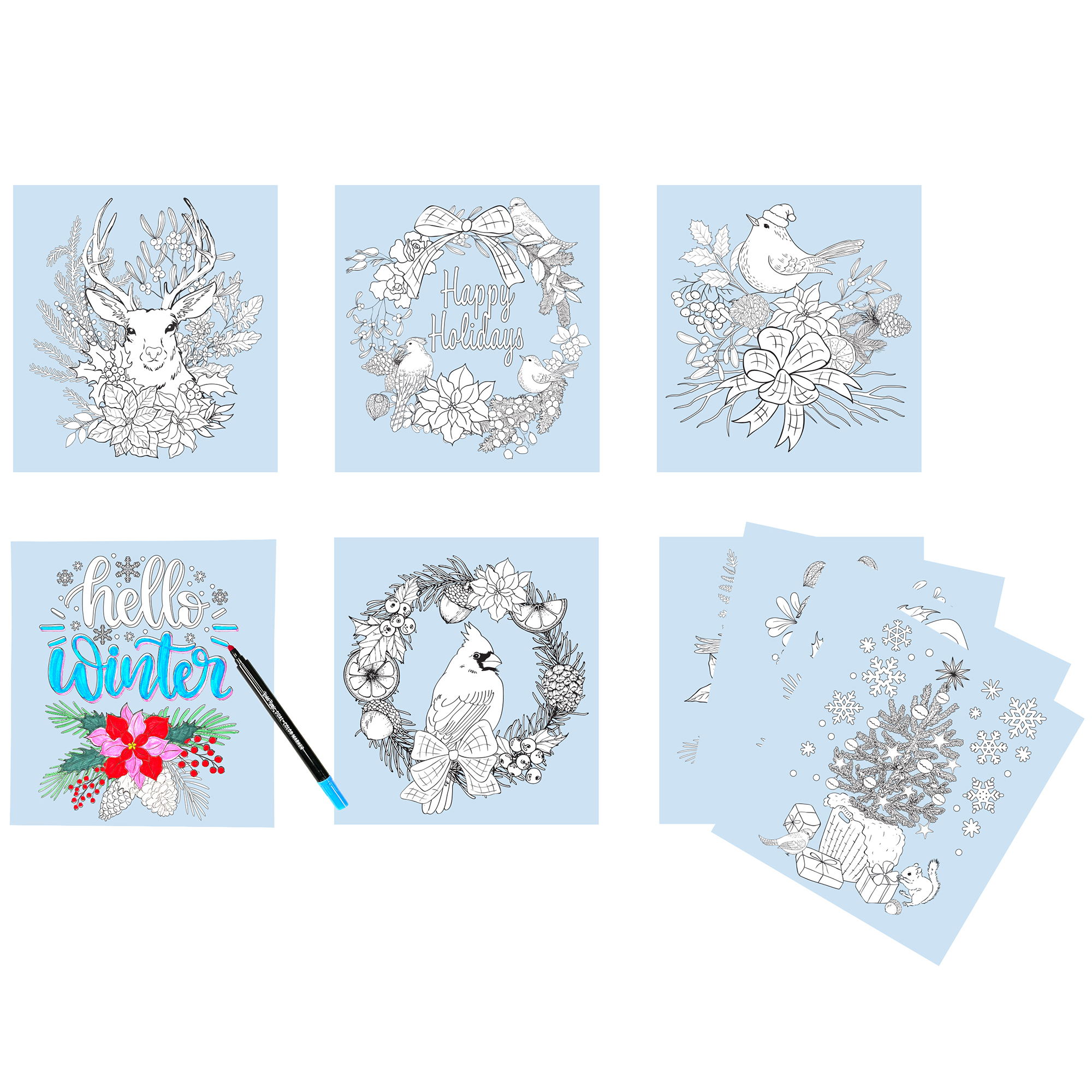 Brea Reese: Marker Coloring Kit - Cardinal - 5 Dual-Sided Markers, 12 Holiday Bird-Themed Coloring Pages, Festive Spiral-Bound Art Pad, Adult Craft