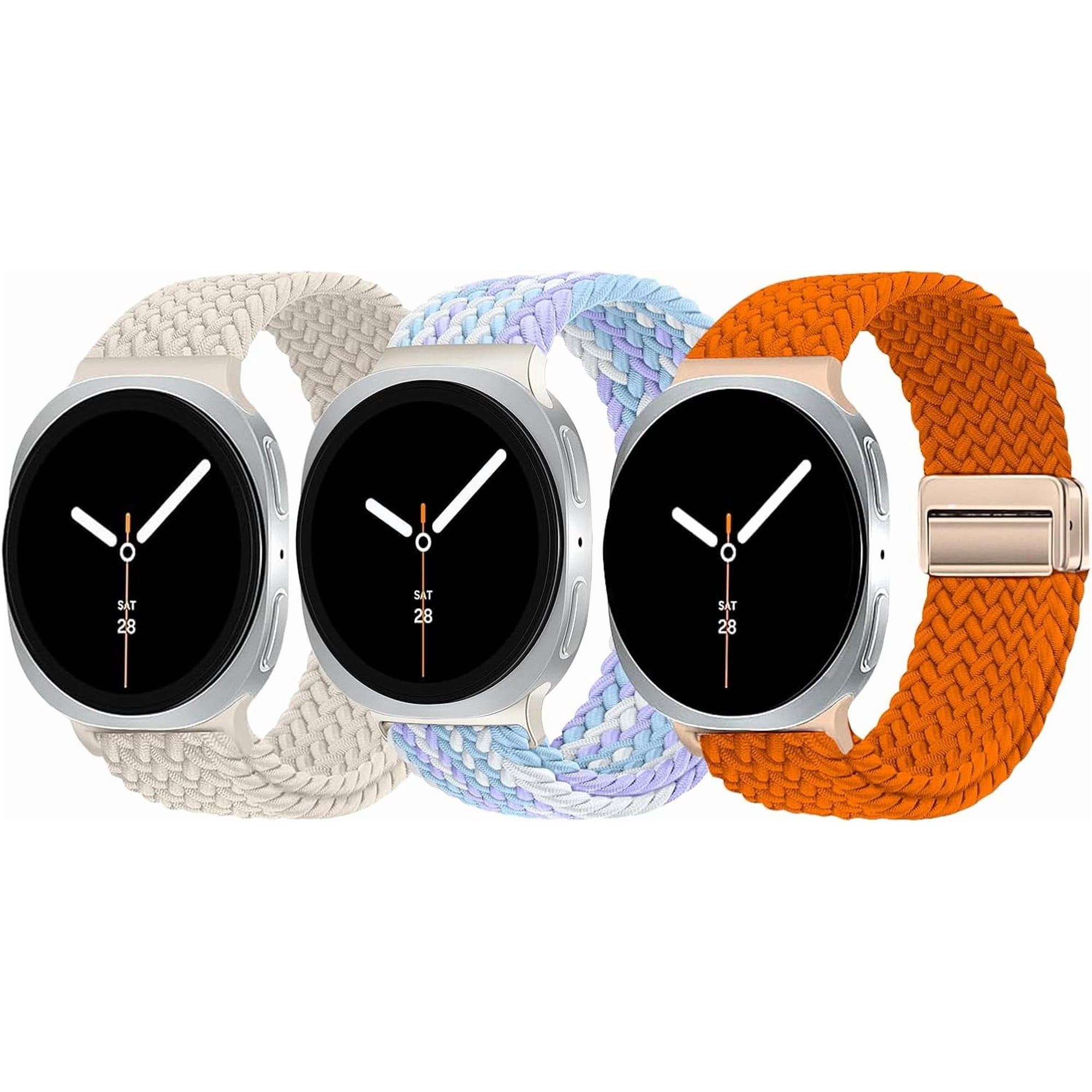 3 Pack Magnetic Braided Band for Samsung Galaxy Watch 9 8 40mm 44mm, Galaxy Watch8 Classic 46mm, One Click No Gap Elastic Stretchy Nylon Fabric Sport Strap for Women Men (Star Light/Violet/Orange)
