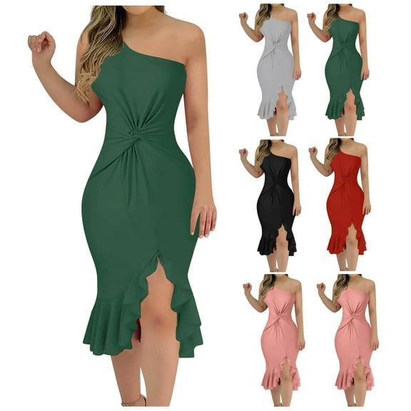 WIZUTIZ Wrap Dress for Women Slim Fit One Shoulder Twist Front Ruffled Solid Shift Dress Sleeveless Shift Dress for Ladies Midi Dress Super Soft Wedding Dress Green