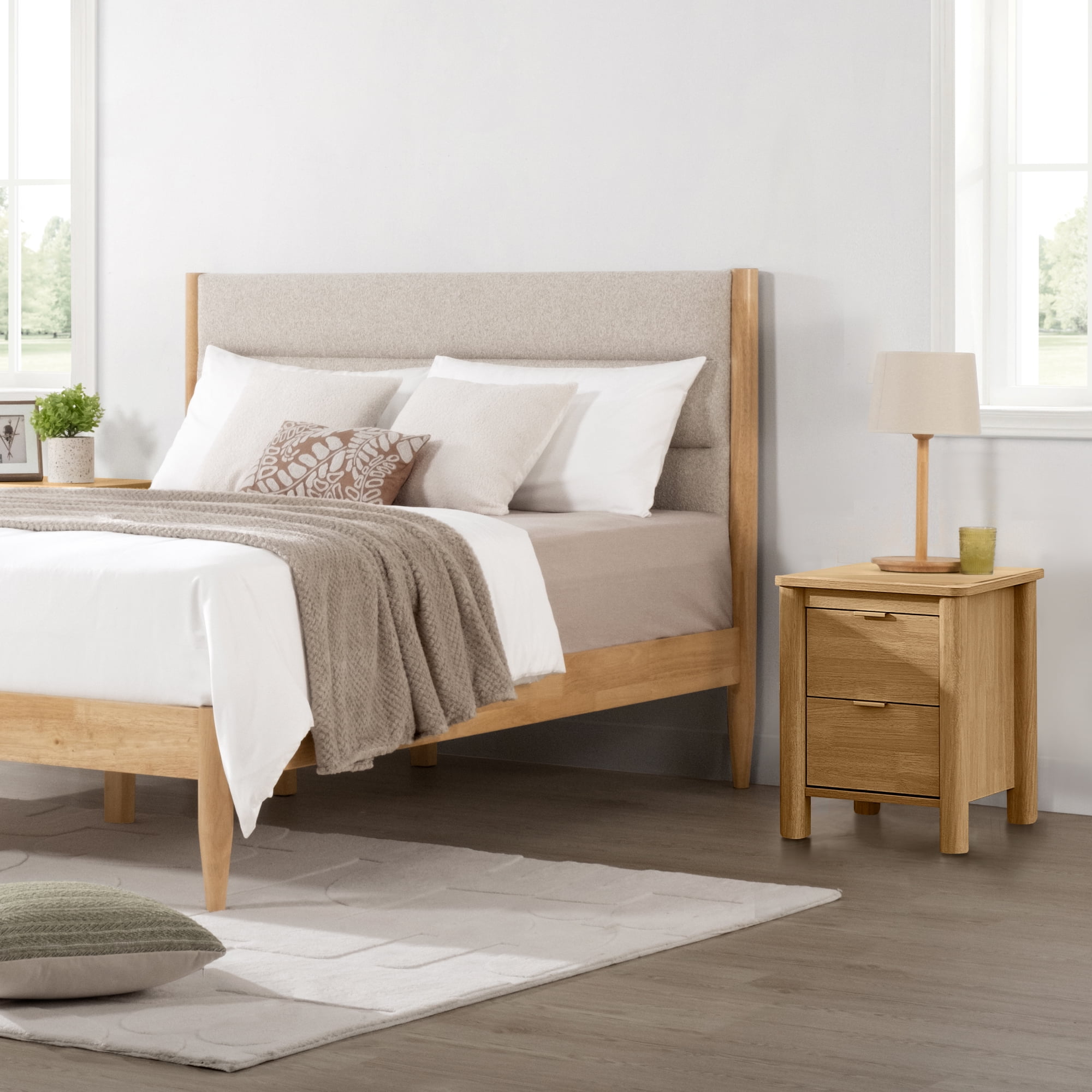 Spruce & Spring Upholstered Solid Wood Platform Bed Frame with Headboard Oatmeal, Full