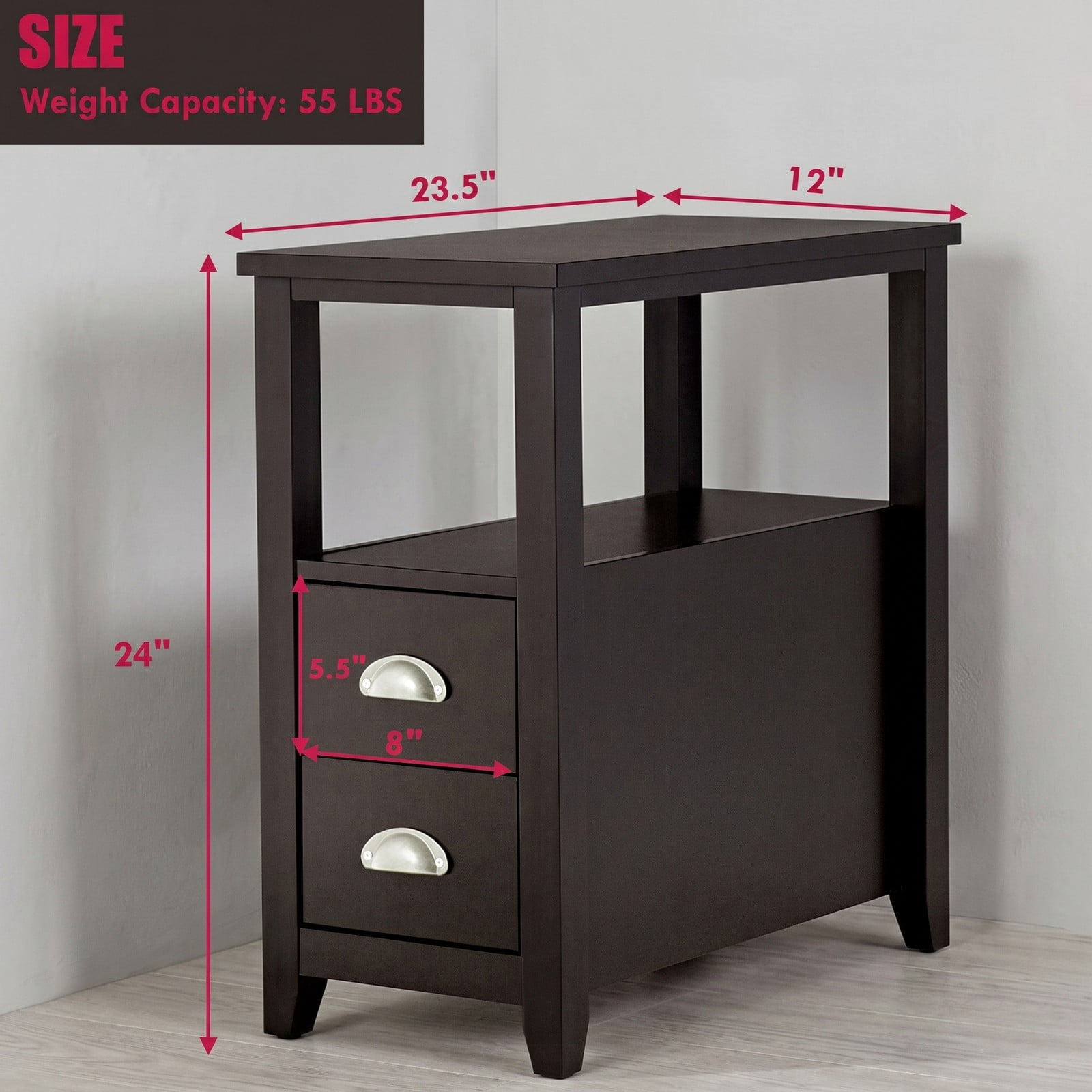 Furnibear Narrow Nightstand with 2 Drawers and Open Shelf Wooden Bedside End Table for Bedroom and Living Room, Dark Brown