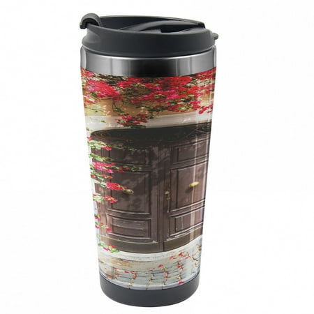 

Moroccan Travel Mug Old Door with Flowers Steel Thermal Cup 16 oz by Ambesonne