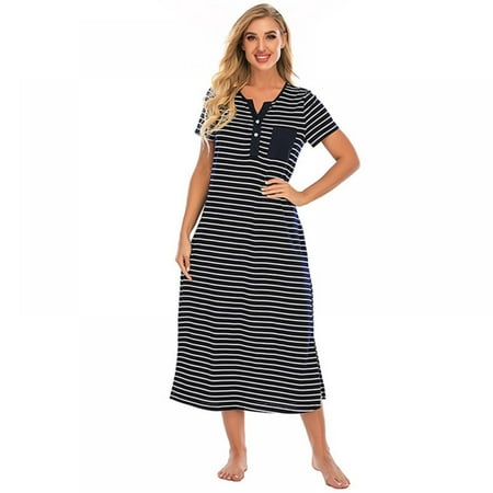 

Women s Striped Over The Knee Long Nightdress Short Sleeve Homewear