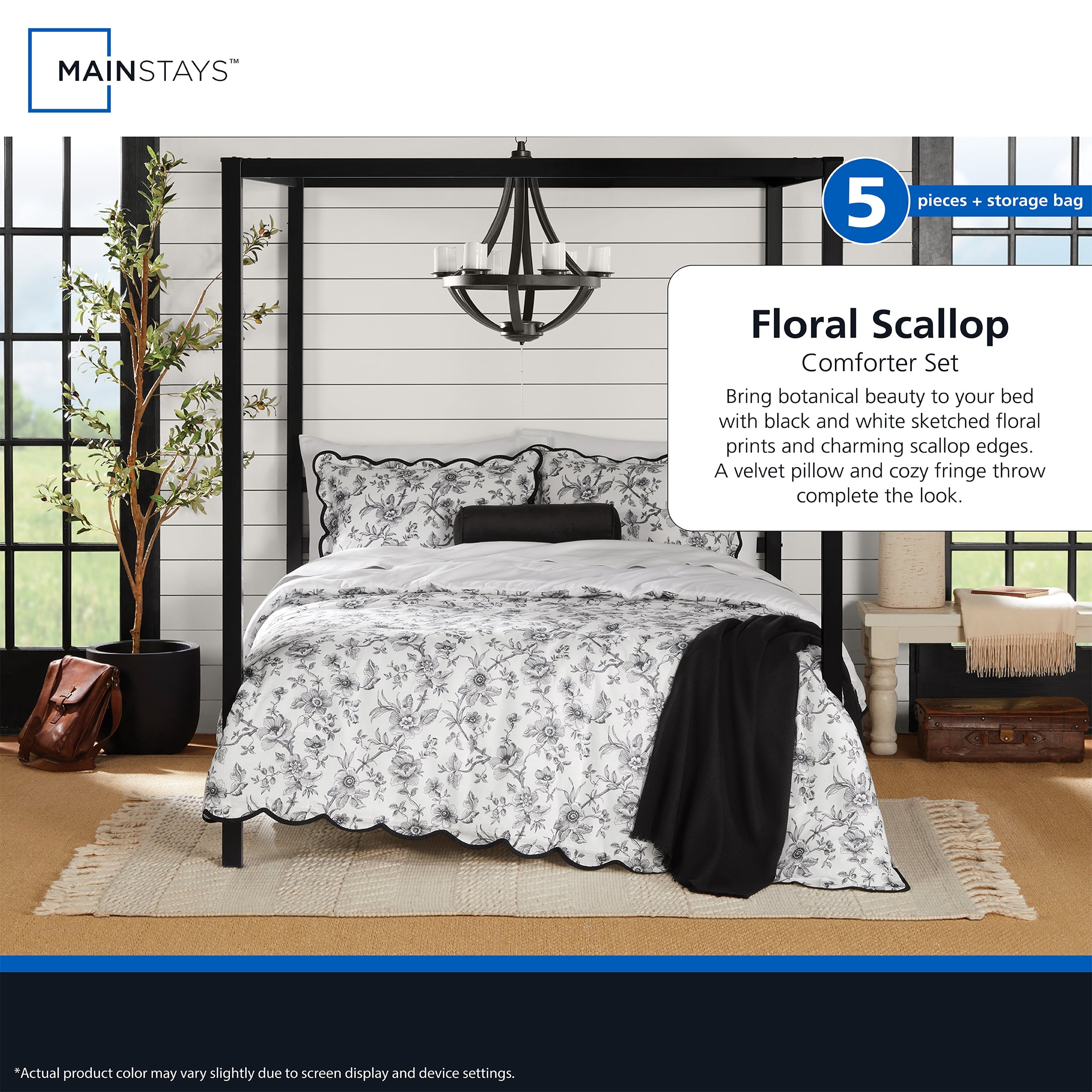 Mainstays Floral Scallop 4-Piece White/Black Comforter Set, Twin/Twin XL