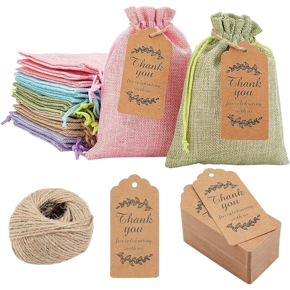 Burlap Packing Pouches Drawstring Bags with Thank You for Celebrating with Us Paper Gift Tags Mixed Color 17.7~18x12.9~13x0.4cm 5 colors 4pcs/color 20pcs/bag