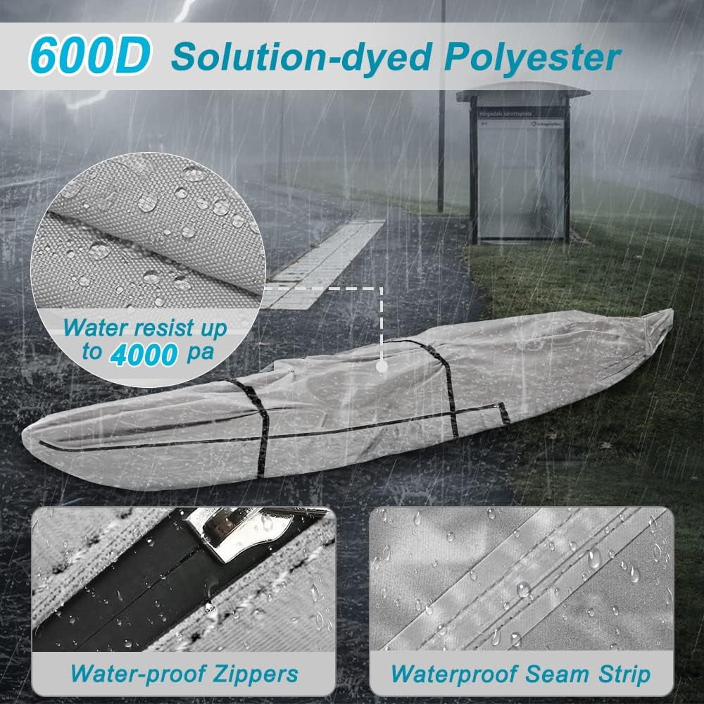 Seapisode 10ft Kayak Cover, 600D Tear Resistant Trailerable Kayak Covers for Outdoor Storage,(Grey)