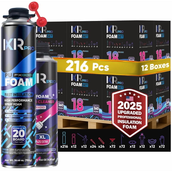 Spray Foam Insulation Kit 216 Pcs (12 Boxes x 18 Pcs) Expanding Sealant, Closed Cell High Density Spray Foam for Heat Acoustic Insulation, Cleaner, Gun & Accessories Included (Each Can 26.46 oz/ 750g