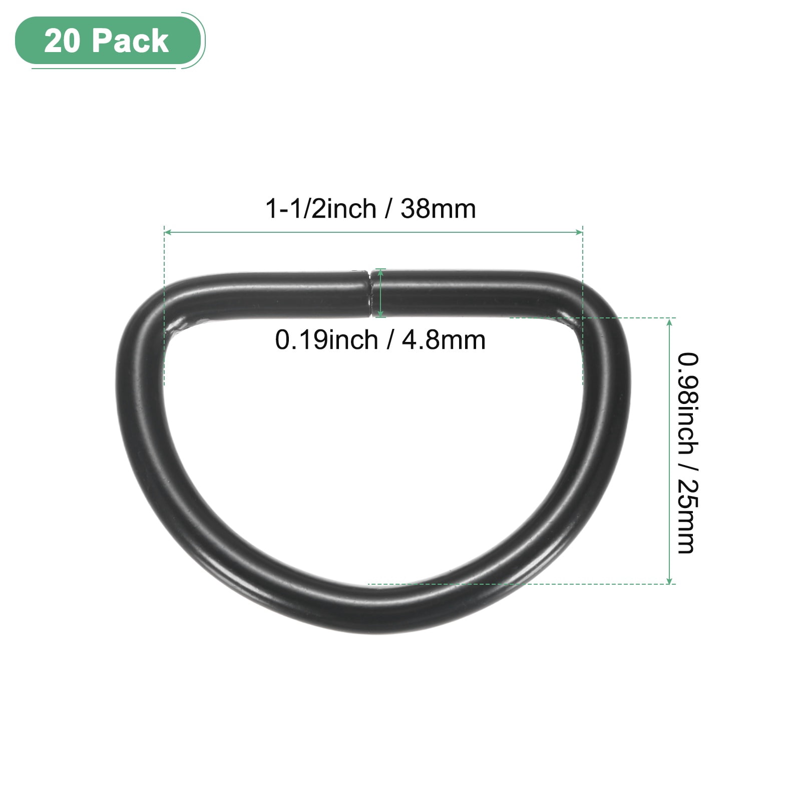 Uxcell 20-Pack D-Rings Buckle, 1-1/2 Inch Iron Non-Welded Dee Rings Metal Buckle for Purse/Aprons/Belts/Pet Collars, Semi-Circular D Ring Hardware [Black]