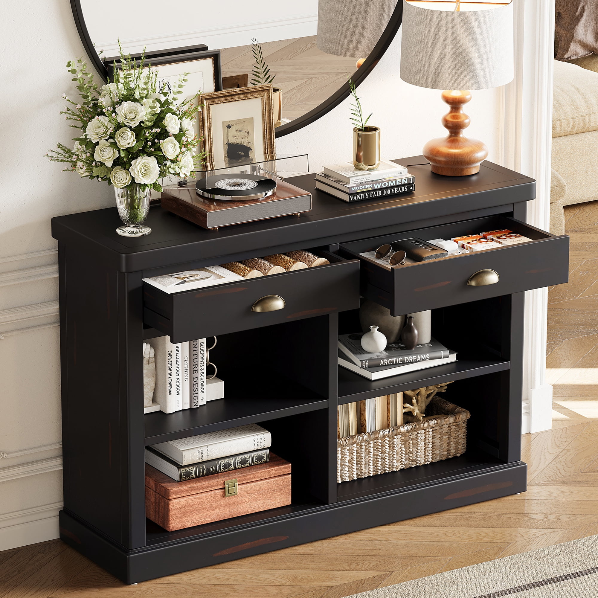 Euroco 47" Long Console Table, Wood Narrow Sofa Table with Open Storage Shelves & 2 Drawers,Entryway Table Accent Table for Living Room, Hallway,Espresso