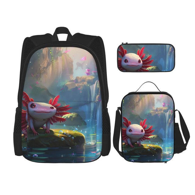 Fotbe Pond Cute Axolotl Set Escolar 3 en 1 para Niños - Mochila Duradera con Lonchera Aislante y Estuche para Lápices - Mochila Escolar para Niños y Niñas