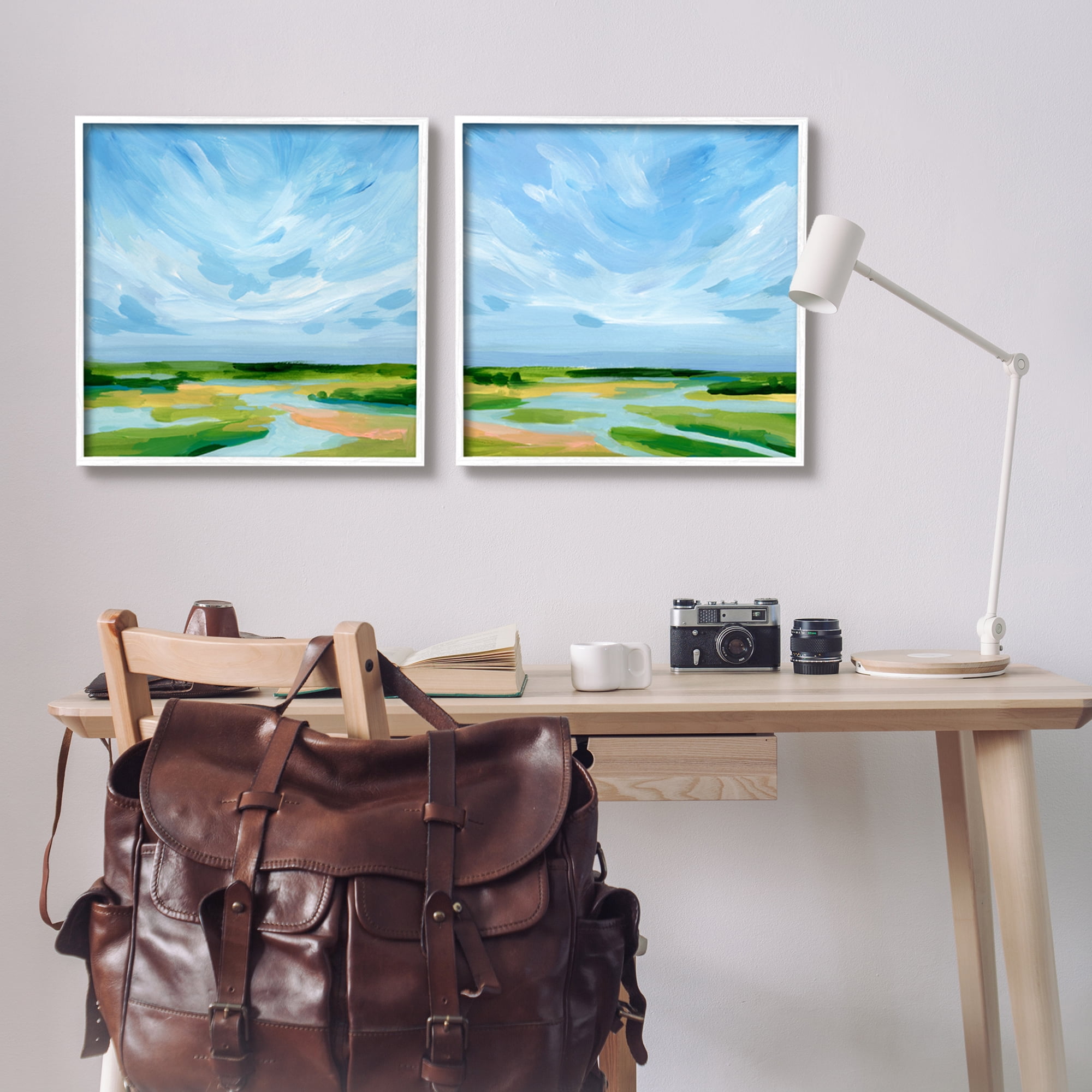 Stupell Industries River Landscape Painting Nature Painting White Framed Art Print Wall Art, 24 x 24, Set of 2
