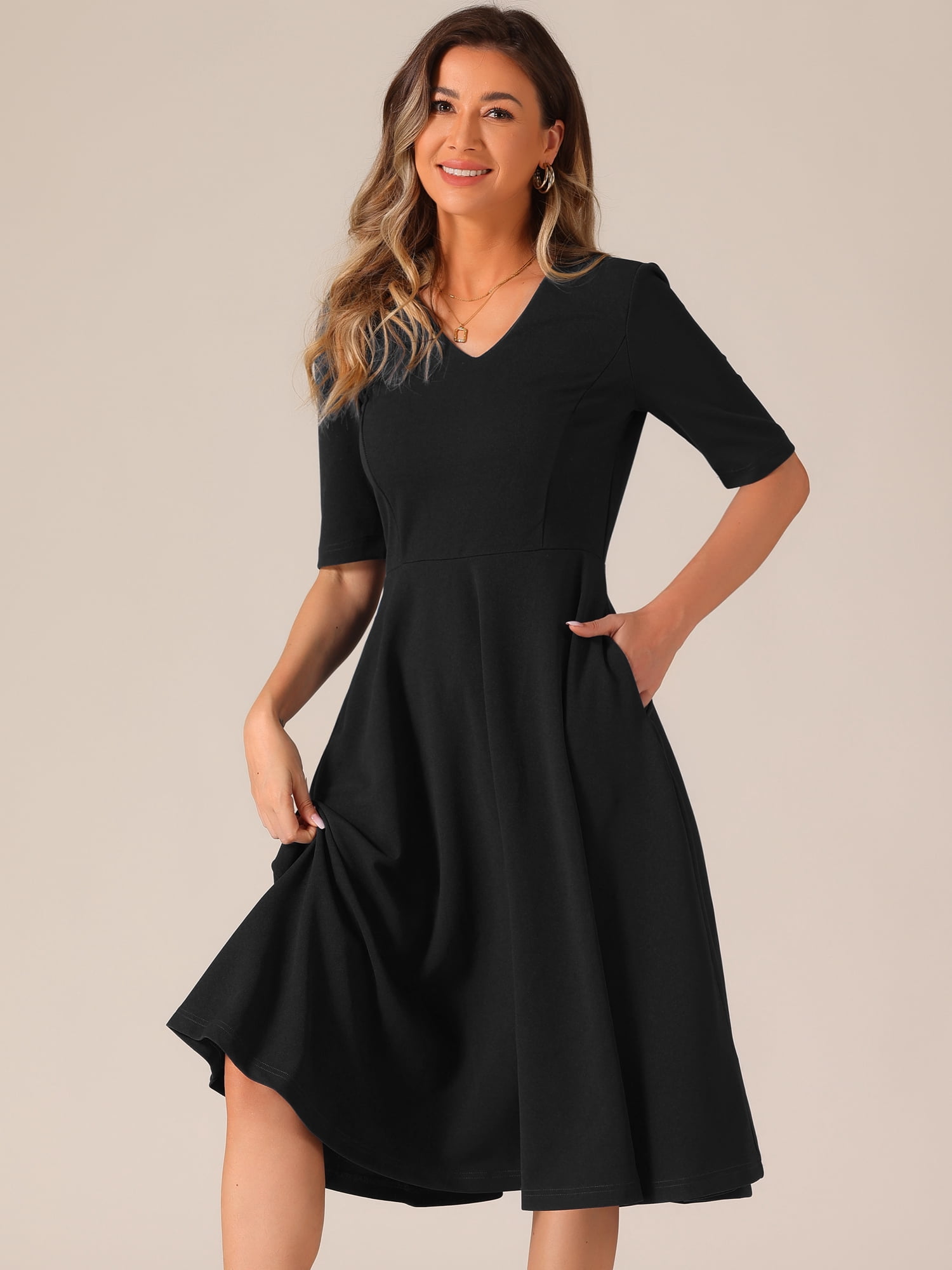 DARING DIVA V Neck Half Sleeve Swing Vintage Dress XS Black