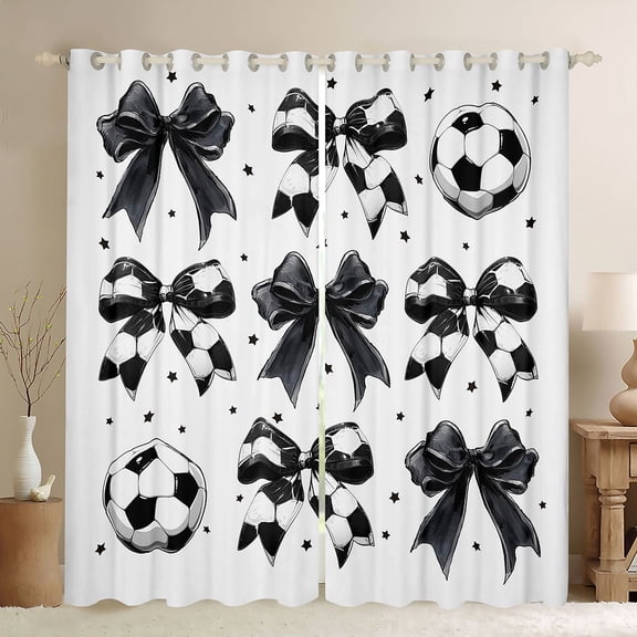 Feelyou Cartoon Black Bowknot Black Out Curtains for Kid, Football Soccer Print Curtains Pack of 2 (42x63 Each), Fashion Ribbon Bedroom Curtains, Living Room Curtains Decor