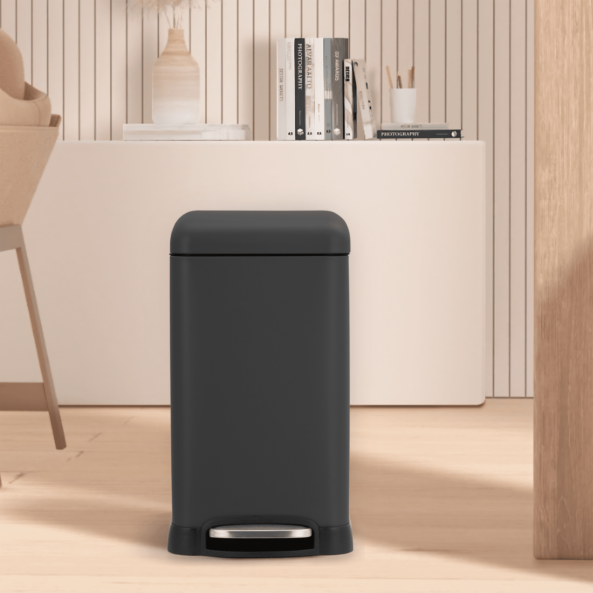 4.2 Gal (12L) Trash Can with Lid, M7 Stainless Steel Garbage Bin, 11.8"L x 9.4"W x 17.3"H, Anti-Fingerprint Design for Kitchen & Bathroom, Black