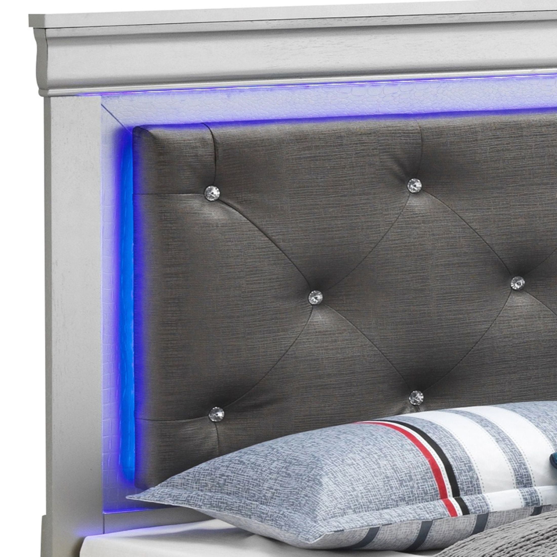 Noble House Transitional Queen Bed with LED Headboard, Jeweled Tufted Leather, Silver Champagne