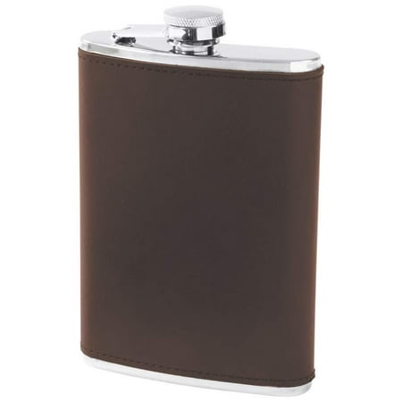 Leather Round Flask - Maxam® 8oz Stainless Steel Flask with Genuine Brown Leather Wrap