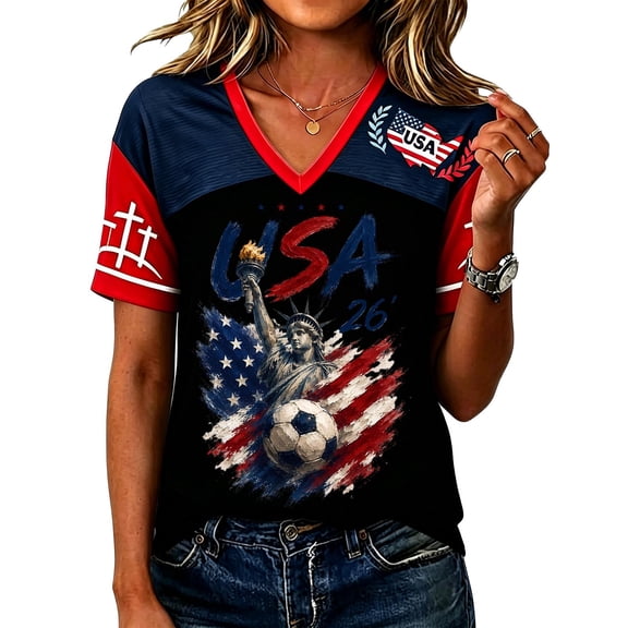 Women's Usa Soccer Jersey Raglan Summer Shirts Color Block V Neck Short Sleeve Fan Wear Jerseys Flag Print Football Graphic Tees, Black L