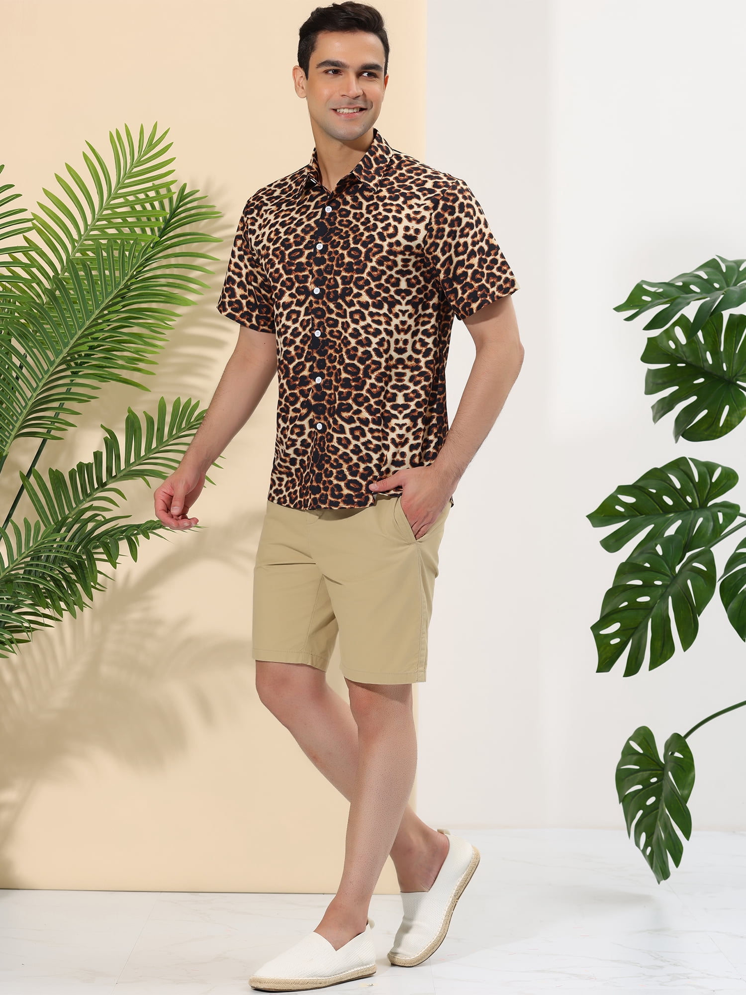 Unique Bargains Men's Animal Print Short Sleeves Casual Summer Printed Shirts S Leopard Print